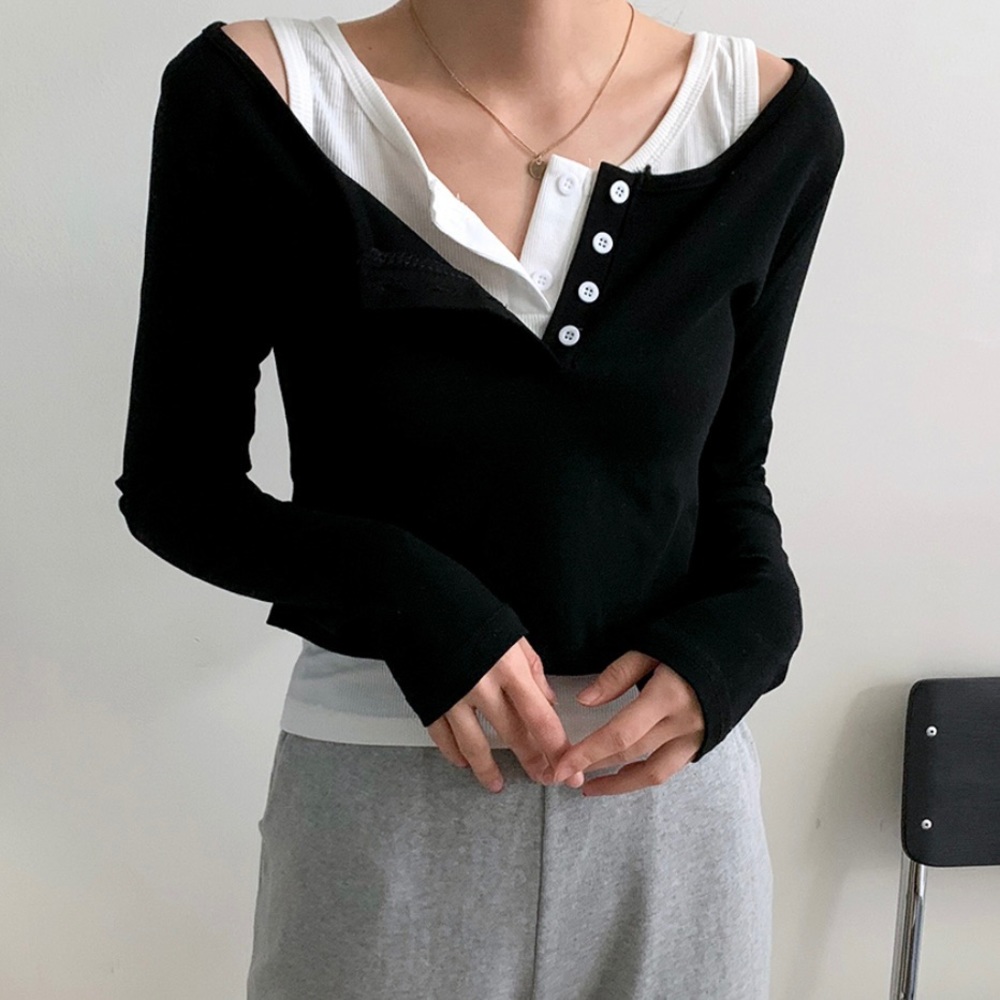 Black crop layered Henley tee